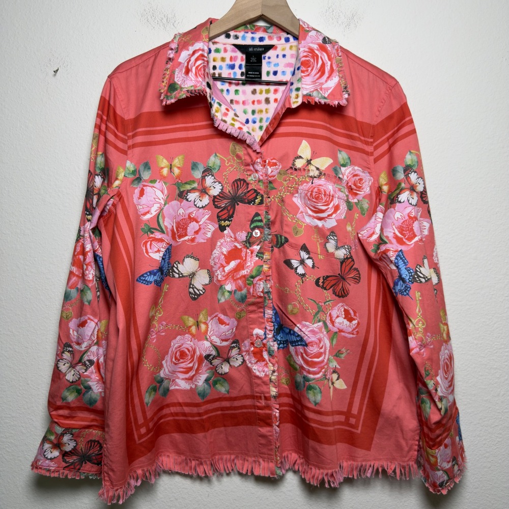 Ali Miles Womens 100% Cotton Button Up Shirt L Pink Floral Butterfly Fringe Trim